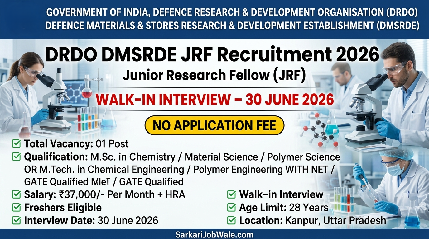 DRDO DMSRDE Junior Research Fellow Recruitment 2026