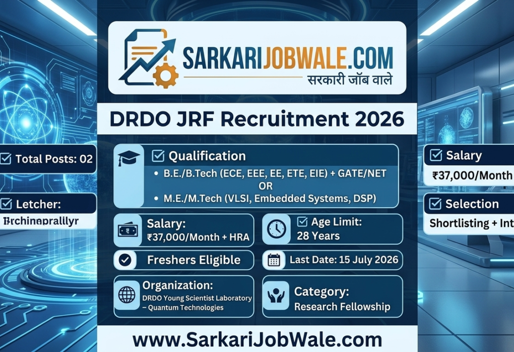 DRDO JRF Recruitment 2026 for 02 Junior Research Fellowship posts with ₹37000 salary and GATE NET eligibility