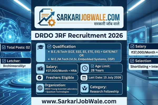 DRDO JRF Recruitment 2026 for 02 Junior Research Fellowship posts with ₹37000 salary and GATE NET eligibility