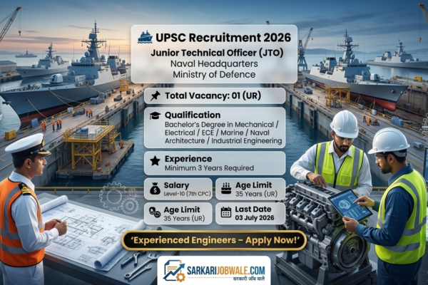 UPSC Junior Technical Officer Recruitment 2026 Notification Out – Apply Online for Naval Headquarters | Level-10 Salary | 3 Years Experience Required UPSC Junior Technical Officer Recruitment 2026 The Union Public Service Commission (UPSC) has officially released the Junior Technical Officer (JTO) Recruitment 2026 Notification under Advertisement No. 06/2026 for Vacancy No. 26060638613. The recruitment is being conducted for the Naval Headquarters, Directorate of Civilian Personnel, Ministry of Defence. This is a prestigious Group 'A' Gazetted Central Government Job for engineering graduates who have relevant professional experience. The selected candidate will work on the maintenance, modernization, and operational readiness of Indian Naval ships and dockyard facilities. Candidates possessing a Bachelor's Degree in relevant Engineering disciplines along with the required work experience can apply online through the UPSC Online Recruitment Application (ORA) Portal before 03 July 2026. UPSC Junior Technical Officer Recruitment 2026 Overview Particular Details Organization Union Public Service Commission (UPSC) Department Naval Headquarters, Directorate of Civilian Personnel Ministry Ministry of Defence Post Name Junior Technical Officer (JTO) Advertisement No. 06/2026 Vacancy No. 26060638613 Total Vacancies 01 Category UR Job Type Permanent Group Group 'A' Gazetted (Non-Ministerial) Pay Level Level-10 (7th CPC) Job Location Anywhere in India Headquarters Naval Headquarters Application Mode Online Important Dates Event Date Online Application Starts 13 June 2026 Last Date to Apply 03 July 2026 Vacancy Details Post Name Vacancy Junior Technical Officer 01 Educational Qualification Candidates should possess a Bachelor's Degree in any one of the following disciplines from a recognized University or Institute: Mechanical Engineering Electrical Engineering Electronics & Communication Engineering Marine Engineering Naval Architecture Industrial Engineering Experience Requirement (Most Important) Minimum 3 Years Experience is Mandatory Candidates must have at least 3 years of working experience in the relevant Engineering field. Desirable Experience Preference will be given to candidates having: Minimum 1 year experience in Dockyard Minimum 1 year experience in Shipyard Fresh graduates are NOT eligible for this recruitment because relevant work experience is compulsory. Age Limit Category Maximum Age UR 35 Years PwBD Up to 10 Years Relaxation Age relaxation will be applicable according to UPSC/Government of India rules. Salary Details Selected candidates will receive salary under: Level-10 (7th CPC Pay Matrix) Along with: Dearness Allowance (DA) House Rent Allowance (HRA) Transport Allowance (TA) Medical Benefits Pension Benefits Leave Benefits Other Central Government Allowances This is a permanent Central Government Group 'A' Gazetted post with excellent career growth. Application Fee Category Fee General / OBC / EWS ₹25 SC / ST / PwBD / Female No Fee Selection Process Selection will be carried out through the following stages: Application Shortlisting UPSC Interview Document Verification Medical Examination Final Merit List Job Responsibilities The selected Junior Technical Officer will be responsible for: Evaluation of ship refit and modernization work Execution of additions and alterations in Naval ships Preventive maintenance planning Refit scheduling Dockyard maintenance planning Maintenance of Dry Dock facilities Ensuring operational readiness of Naval ships Coordinating engineering activities in Naval Headquarters Why Should You Apply? This recruitment offers several benefits: Permanent Central Government Job Group 'A' Gazetted Officer Post Ministry of Defence Recruitment Attractive Level-10 Salary Excellent Career Growth Opportunity to work with Naval Headquarters Pension and Government Benefits Prestigious Engineering Position How to Apply Online? Eligible candidates can apply online through the UPSC Online Recruitment Application (ORA) Portal. Steps to Apply Visit the UPSC ORA Portal. Register/Login. Select Advertisement No. 06/2026. Fill the application form carefully. Upload required documents. Pay the application fee (if applicable). Submit the application before 03 July 2026. Download the final application for future reference. Official Apply Link Candidates should complete the online application well before the closing date to avoid last-minute server issues. Ensure that all educational qualifications, experience certificates, and other required documents are uploaded correctly before final submission. Apply Online: https://upsconline.nic.in/ora/ Official Notification / Details PDF Before submitting your application, carefully read the official notification. It contains complete details regarding eligibility criteria, educational qualifications, mandatory experience, age relaxation, reservation policy, salary structure, selection process, duties, and important instructions. Official Notification / Details PDF: https://upsconline.nic.in/ora/ About UPSC Recruitment The Union Public Service Commission (UPSC) conducts direct recruitment for various Group 'A' and Group 'B' Central Government posts across different Ministries and Departments. UPSC recruitments are highly respected due to transparent selection procedures, attractive salaries, job security, and excellent career growth opportunities. The Junior Technical Officer post under the Ministry of Defence offers engineering professionals a chance to contribute to India's naval infrastructure while enjoying the benefits of a permanent Central Government position. Frequently Asked Questions (FAQs) Q1. How many vacancies are available for UPSC Junior Technical Officer Recruitment 2026? There is 01 UR vacancy. Q2. Is experience mandatory? Yes. Candidates must have a minimum 3 years of relevant engineering work experience. This is a mandatory eligibility requirement. Q3. What is the educational qualification required? A Bachelor's Degree in Mechanical, Electrical, Electronics & Communication, Marine Engineering, Naval Architecture, or Industrial Engineering. Q4. What is the age limit? Maximum 35 years for UR candidates. PwBD candidates are eligible for age relaxation as per Government rules. Q5. What is the salary of a Junior Technical Officer? Selected candidates will receive salary under Level-10 of the 7th CPC Pay Matrix, along with DA, HRA, TA, medical facilities, pension, and other Central Government benefits. Conclusion The UPSC Junior Technical Officer Recruitment 2026 is an excellent opportunity for experienced engineering professionals looking to join the Ministry of Defence in a prestigious Group 'A' Gazetted position. With an attractive Level-10 salary, permanent job status, and the opportunity to work at Naval Headquarters, this recruitment offers strong career prospects and long-term job security. Since 3 years of relevant engineering experience is mandatory, interested candidates should verify their eligibility carefully and submit their online applications before 03 July 2026.