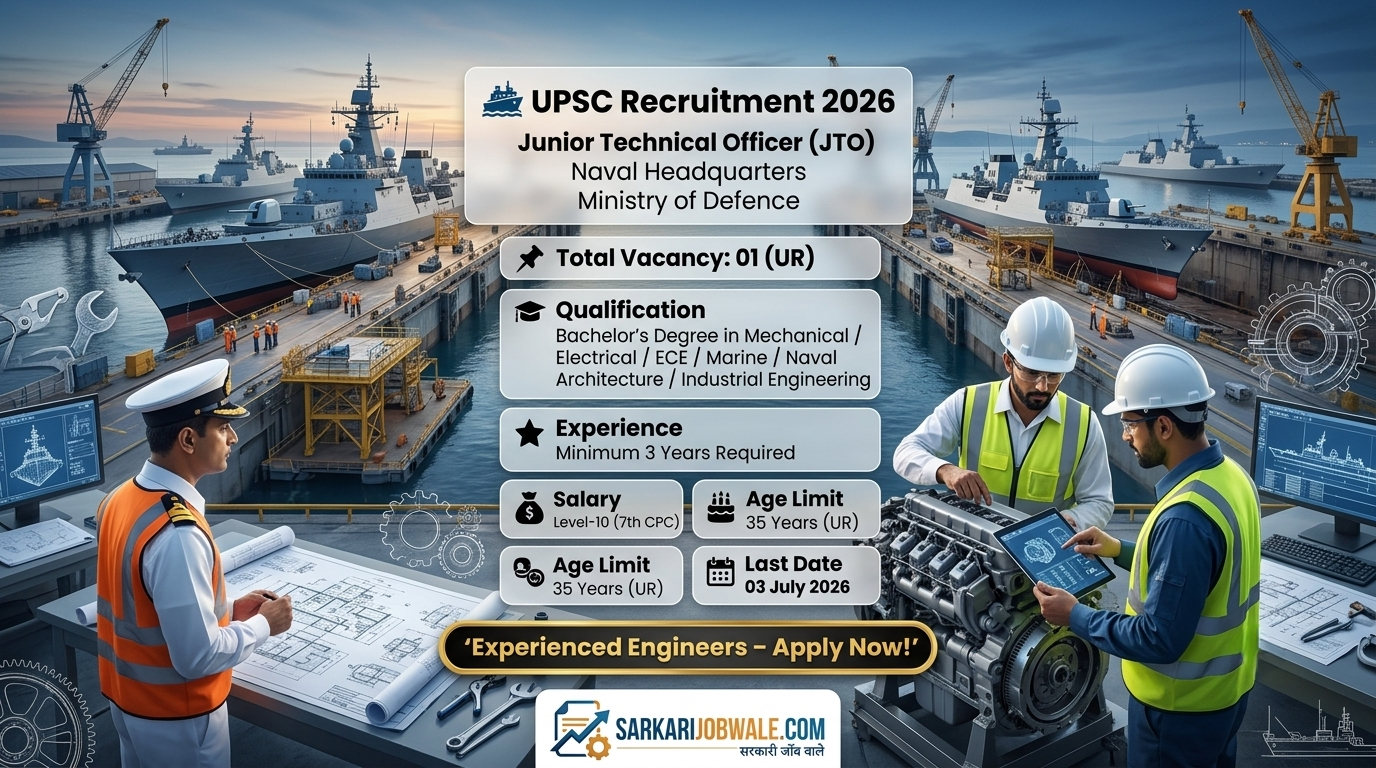 UPSC Junior Technical Officer Recruitment 2026 Notification Out – Apply Online for Naval Headquarters | Level-10 Salary | 3 Years Experience Required UPSC Junior Technical Officer Recruitment 2026 The Union Public Service Commission (UPSC) has officially released the Junior Technical Officer (JTO) Recruitment 2026 Notification under Advertisement No. 06/2026 for Vacancy No. 26060638613. The recruitment is being conducted for the Naval Headquarters, Directorate of Civilian Personnel, Ministry of Defence. This is a prestigious Group 'A' Gazetted Central Government Job for engineering graduates who have relevant professional experience. The selected candidate will work on the maintenance, modernization, and operational readiness of Indian Naval ships and dockyard facilities. Candidates possessing a Bachelor's Degree in relevant Engineering disciplines along with the required work experience can apply online through the UPSC Online Recruitment Application (ORA) Portal before 03 July 2026. UPSC Junior Technical Officer Recruitment 2026 Overview Particular Details Organization Union Public Service Commission (UPSC) Department Naval Headquarters, Directorate of Civilian Personnel Ministry Ministry of Defence Post Name Junior Technical Officer (JTO) Advertisement No. 06/2026 Vacancy No. 26060638613 Total Vacancies 01 Category UR Job Type Permanent Group Group 'A' Gazetted (Non-Ministerial) Pay Level Level-10 (7th CPC) Job Location Anywhere in India Headquarters Naval Headquarters Application Mode Online Important Dates Event Date Online Application Starts 13 June 2026 Last Date to Apply 03 July 2026 Vacancy Details Post Name Vacancy Junior Technical Officer 01 Educational Qualification Candidates should possess a Bachelor's Degree in any one of the following disciplines from a recognized University or Institute: Mechanical Engineering Electrical Engineering Electronics & Communication Engineering Marine Engineering Naval Architecture Industrial Engineering Experience Requirement (Most Important) Minimum 3 Years Experience is Mandatory Candidates must have at least 3 years of working experience in the relevant Engineering field. Desirable Experience Preference will be given to candidates having: Minimum 1 year experience in Dockyard Minimum 1 year experience in Shipyard Fresh graduates are NOT eligible for this recruitment because relevant work experience is compulsory. Age Limit Category Maximum Age UR 35 Years PwBD Up to 10 Years Relaxation Age relaxation will be applicable according to UPSC/Government of India rules. Salary Details Selected candidates will receive salary under: Level-10 (7th CPC Pay Matrix) Along with: Dearness Allowance (DA) House Rent Allowance (HRA) Transport Allowance (TA) Medical Benefits Pension Benefits Leave Benefits Other Central Government Allowances This is a permanent Central Government Group 'A' Gazetted post with excellent career growth. Application Fee Category Fee General / OBC / EWS ₹25 SC / ST / PwBD / Female No Fee Selection Process Selection will be carried out through the following stages: Application Shortlisting UPSC Interview Document Verification Medical Examination Final Merit List Job Responsibilities The selected Junior Technical Officer will be responsible for: Evaluation of ship refit and modernization work Execution of additions and alterations in Naval ships Preventive maintenance planning Refit scheduling Dockyard maintenance planning Maintenance of Dry Dock facilities Ensuring operational readiness of Naval ships Coordinating engineering activities in Naval Headquarters Why Should You Apply? This recruitment offers several benefits: Permanent Central Government Job Group 'A' Gazetted Officer Post Ministry of Defence Recruitment Attractive Level-10 Salary Excellent Career Growth Opportunity to work with Naval Headquarters Pension and Government Benefits Prestigious Engineering Position How to Apply Online? Eligible candidates can apply online through the UPSC Online Recruitment Application (ORA) Portal. Steps to Apply Visit the UPSC ORA Portal. Register/Login. Select Advertisement No. 06/2026. Fill the application form carefully. Upload required documents. Pay the application fee (if applicable). Submit the application before 03 July 2026. Download the final application for future reference. Official Apply Link Candidates should complete the online application well before the closing date to avoid last-minute server issues. Ensure that all educational qualifications, experience certificates, and other required documents are uploaded correctly before final submission. Apply Online: https://upsconline.nic.in/ora/ Official Notification / Details PDF Before submitting your application, carefully read the official notification. It contains complete details regarding eligibility criteria, educational qualifications, mandatory experience, age relaxation, reservation policy, salary structure, selection process, duties, and important instructions. Official Notification / Details PDF: https://upsconline.nic.in/ora/ About UPSC Recruitment The Union Public Service Commission (UPSC) conducts direct recruitment for various Group 'A' and Group 'B' Central Government posts across different Ministries and Departments. UPSC recruitments are highly respected due to transparent selection procedures, attractive salaries, job security, and excellent career growth opportunities. The Junior Technical Officer post under the Ministry of Defence offers engineering professionals a chance to contribute to India's naval infrastructure while enjoying the benefits of a permanent Central Government position. Frequently Asked Questions (FAQs) Q1. How many vacancies are available for UPSC Junior Technical Officer Recruitment 2026? There is 01 UR vacancy. Q2. Is experience mandatory? Yes. Candidates must have a minimum 3 years of relevant engineering work experience. This is a mandatory eligibility requirement. Q3. What is the educational qualification required? A Bachelor's Degree in Mechanical, Electrical, Electronics & Communication, Marine Engineering, Naval Architecture, or Industrial Engineering. Q4. What is the age limit? Maximum 35 years for UR candidates. PwBD candidates are eligible for age relaxation as per Government rules. Q5. What is the salary of a Junior Technical Officer? Selected candidates will receive salary under Level-10 of the 7th CPC Pay Matrix, along with DA, HRA, TA, medical facilities, pension, and other Central Government benefits. Conclusion The UPSC Junior Technical Officer Recruitment 2026 is an excellent opportunity for experienced engineering professionals looking to join the Ministry of Defence in a prestigious Group 'A' Gazetted position. With an attractive Level-10 salary, permanent job status, and the opportunity to work at Naval Headquarters, this recruitment offers strong career prospects and long-term job security. Since 3 years of relevant engineering experience is mandatory, interested candidates should verify their eligibility carefully and submit their online applications before 03 July 2026.