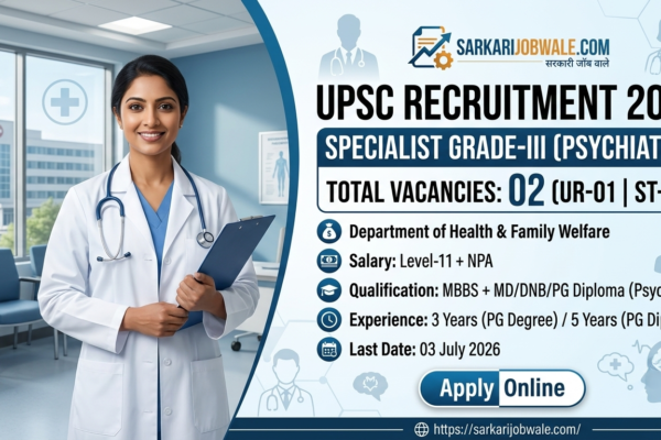 UPSC Specialist Grade-III Psychiatry Recruitment 2026 notification for 2 Group A vacancies