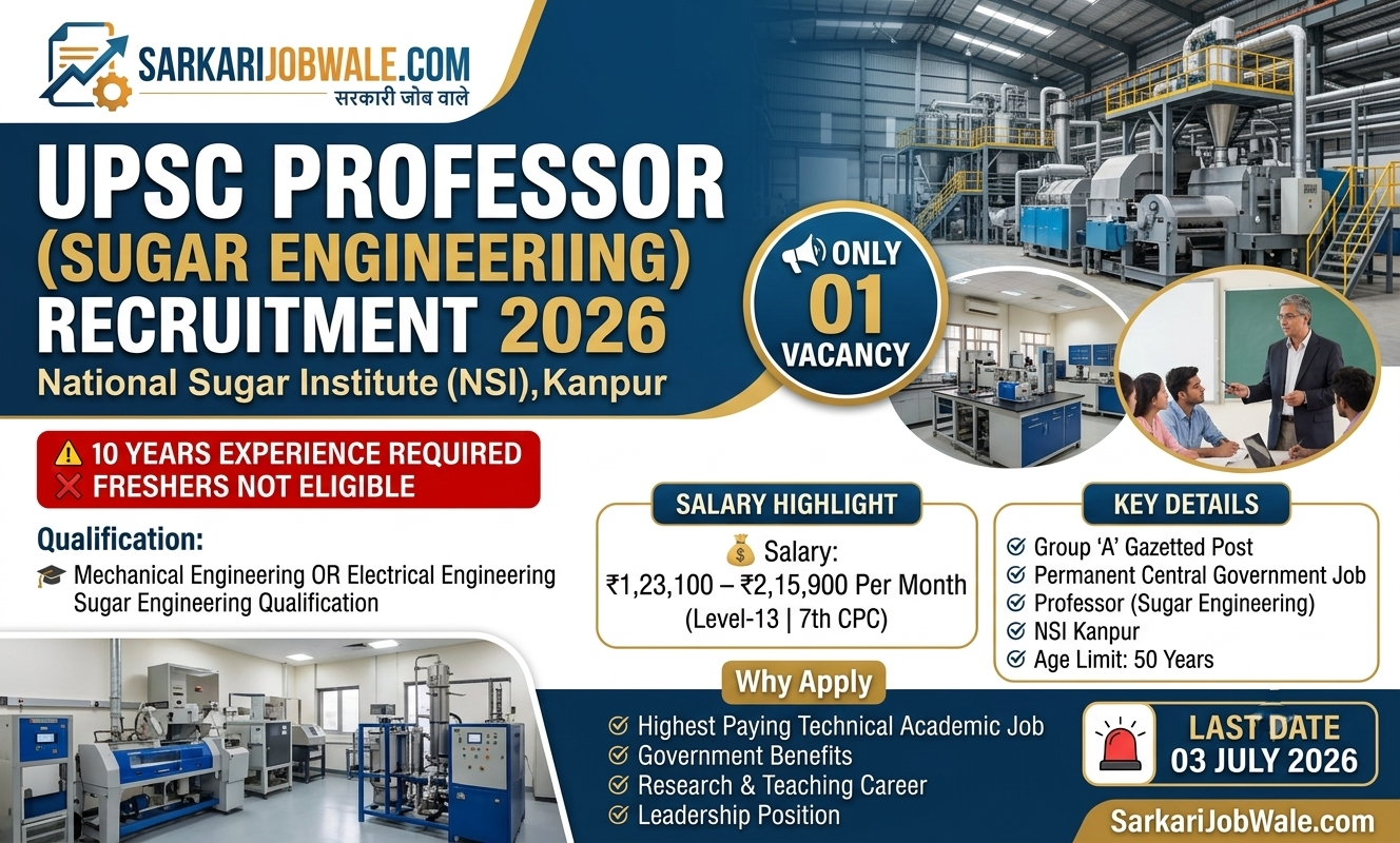 UPSC Professor Sugar Engineering Recruitment 2026 for National Sugar Institute