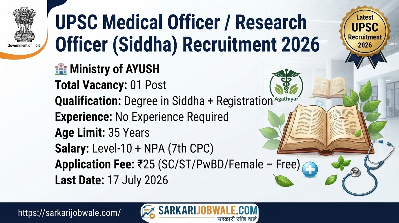 UPSC Medical Officer Research Officer Siddha Recruitment 2026 Notification for 1 Vacancy